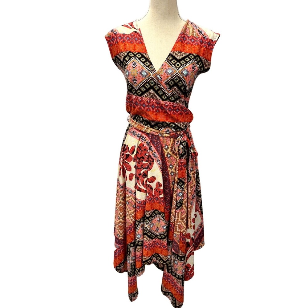 "OLIVIA MATTHEWS" Aztec, Colorful Print ,M,Wrap‎ Dress, Asymmetrical Hem,Fairy